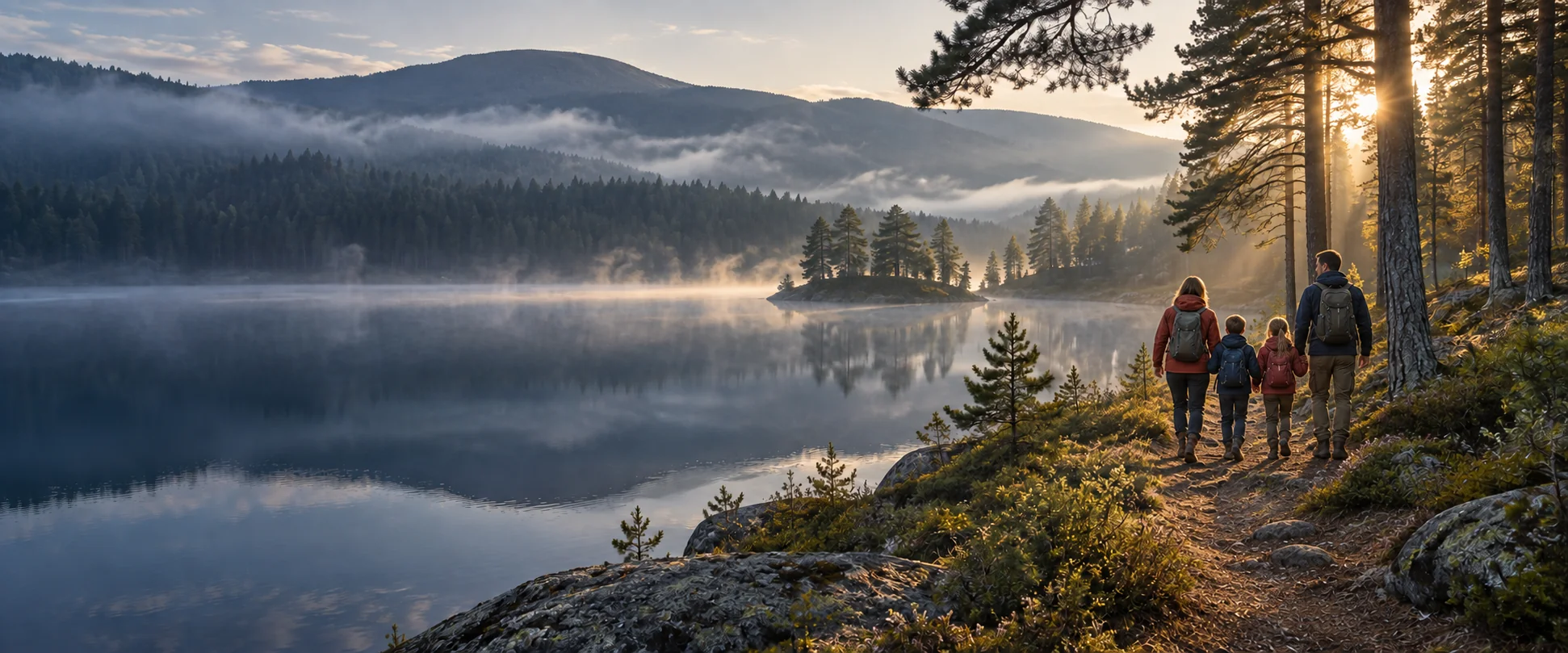 En familie på tur sammen langs en innsjø i morgenlys.