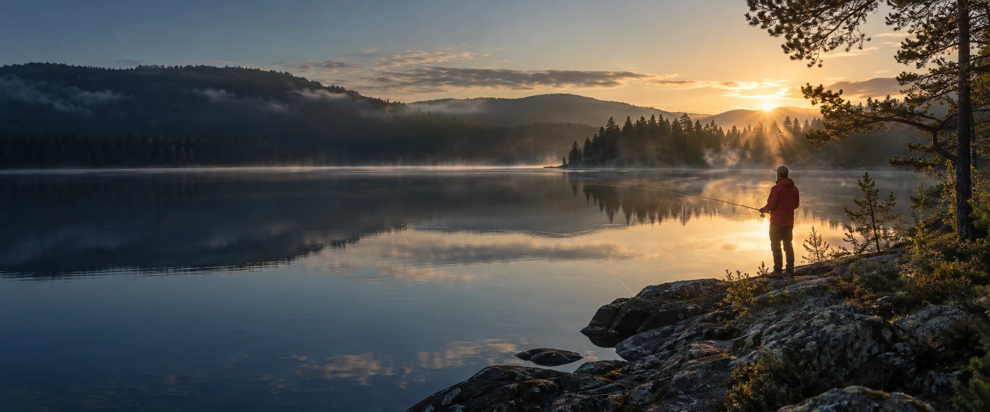 En fisker ved vannet i varmt morgenlys.