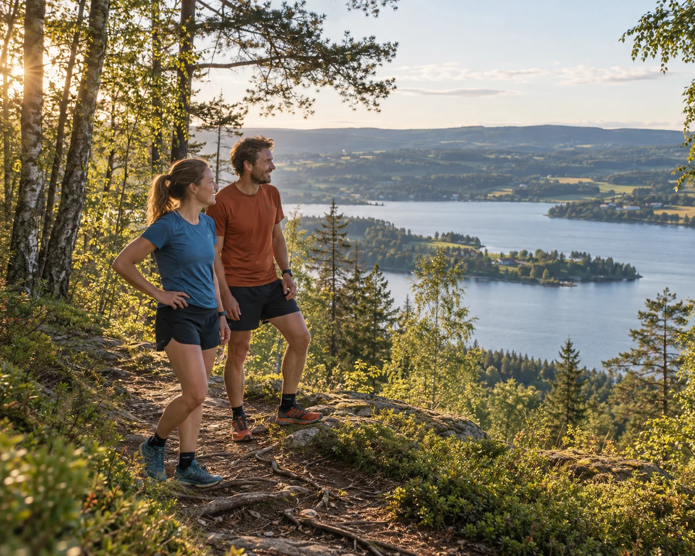 To løpere tar en pause på en skogssti med utsikt over en innsjø.