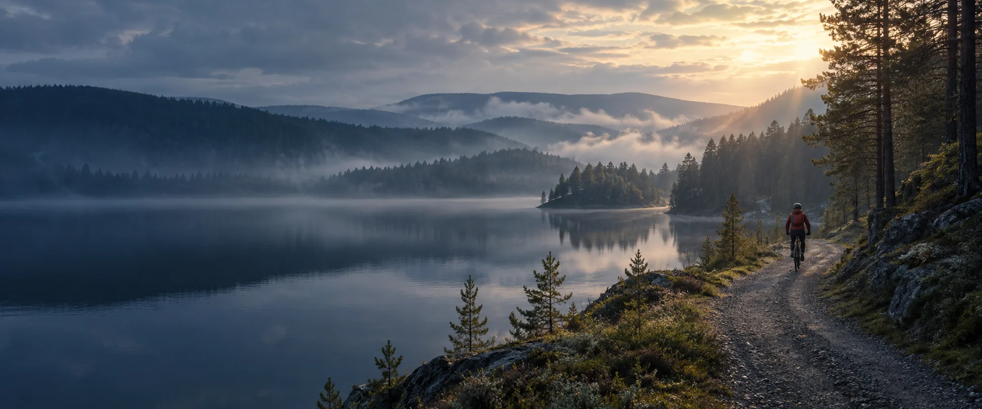 Syklist på en grussti langs en stille innsjø i morgensol.