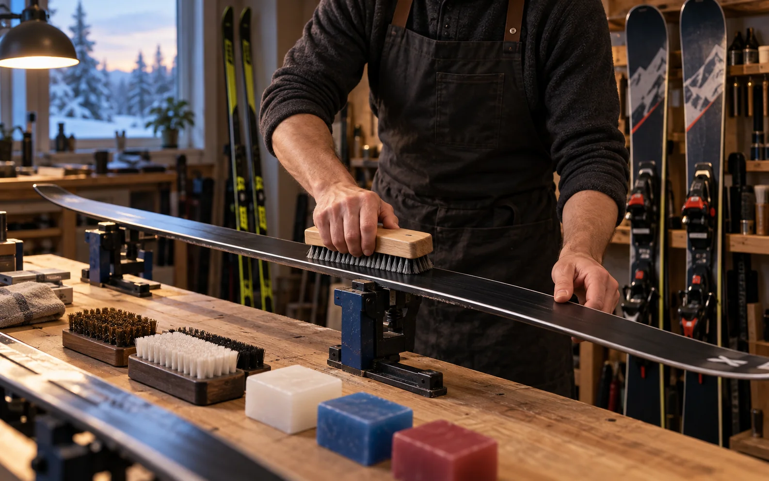 Skitekniker børster en skisåle, med langrenns- og alpinski i verkstedet.
