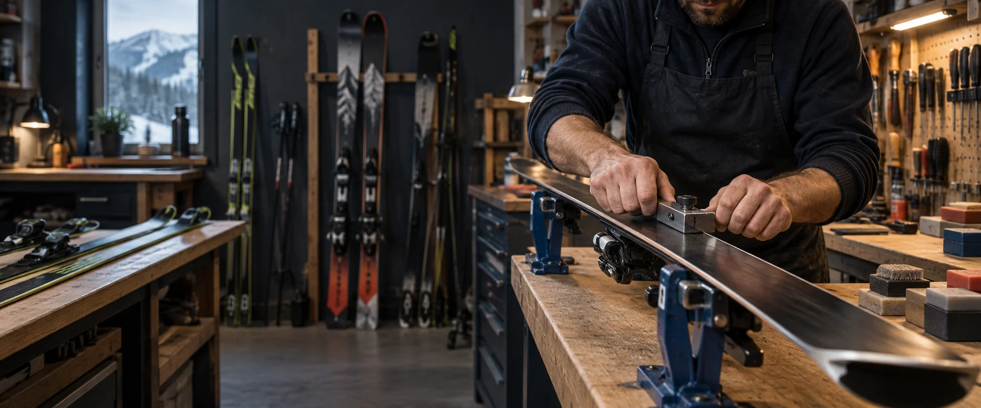 Skitekniker arbeider med en alpinski i et verksted med utstyr for langrenn og alpint.